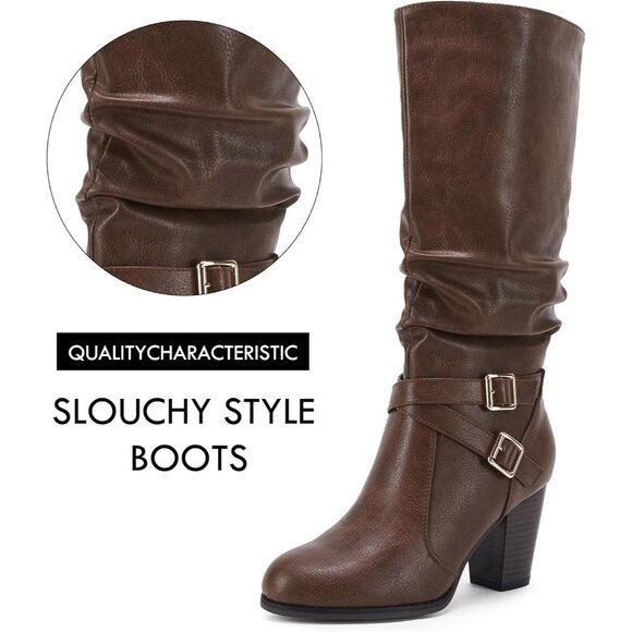 Women's Chocolate Ermonn Mid Knee High Chunky Heel Slouchy Buckle Winter Shoes - Picture 2 of 6